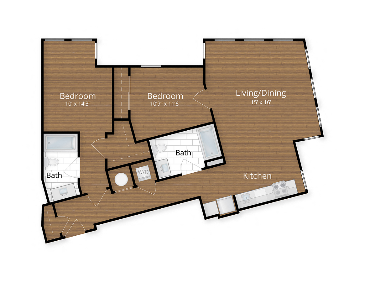 Floor plan for 2 beds, 2 baths, 938 sqft